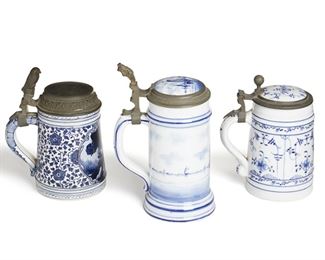 2213
Three Delft-Style Steins
Late 19th/early 20th Century
One signed: Royal Bonn / Delft
Each with hinged pewter lid, 3 pieces
Largest: 8" H x 5" W x 3.5" D
Estimate: $200 - $400