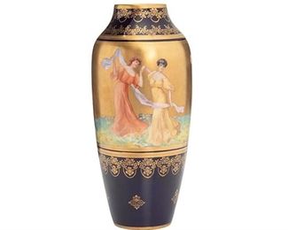 2214
A Vienna Turn Teplitz Vase
First-quarter 20th Century
Signed: Turn / Made in Austria
Cobalt blue body centering a panel with dancing figures
11" H x 4.5" Dia.
Estimate: $200 - $300