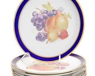 2215
Six Schumann-Bavaria "Bountiful" Porcelain Salad Plates
Second-quarter 20th Century
Each marked: Echt Cobalt Inglasur / Bavaria / Schumann / Arzberg Germany / Golden Crown / E&R / 1866 / Bountiful
Each cobalt and blue banded with assorted fruit designs in center, 6 pieces
.75" H x 7.5" Dia.
Estimate: $300 - $400