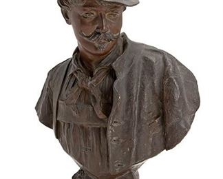 2217
An RStK Amphora Bronze Bust Of A Man
1892-1905; Teplitz, Austria
Marked for maker: Riessner, Stellmacher & Kessel [RStK]; Further signed and numbered: Bartzer / 1527
In the Black Forest style, the figure wearing a feathered cap and lederhosen rising on a square plinth with foliate sprigs
18" H x 13" W x 8" D
Estimate: $300 - $500