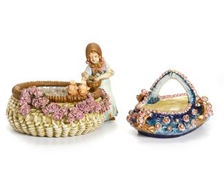 2219
Two Amphora Pieces
Circa 1905-1945; Teplitz, Austria
Each marked for Amphora Works Turn-Teplitz: Amphora / Austria; One further marked for Imperial Amphora; Both numbered to base: 110 / 45 and 2011 / 5C
Comprising a blue-painted handled basket with applied pink and gold flowers and a large basket-shaped bowl with a young girl, birds, and floral garlands, 2 pieces
Bowl: 8.5" H x 12" W x 11.25" D; Basket: 6.25" H x 12.5" W x 8" D
Estimate: $300 - $500