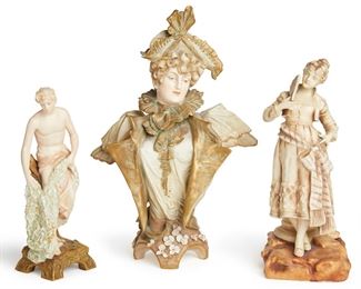 2229
Three Amphora Objects
Late 19th/early 20th Century
One marked for Teplitz, two marked for Turn / Vienna
Comprising a standing male figure, a bust of a man, and a bust of a woman, 3 pieces
Largest: 12.125" H x 8" W x 4" D
Estimate: $300 - $500