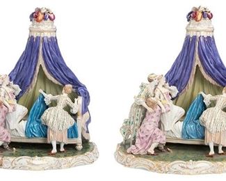 2230
A Pair Of Monumental Frankenthal Porcelain Figural Groups
18th Century; Germany
Painted with Frankenthal factory mark on underside: [Lion of the Palatinate / Lion rampant]
Each figural group with the same scene escorting a lady to her bed, 2 pieces
Each approximately: 19" H x 17.5" W x 12" D
Estimate: $1,500 - $2,500