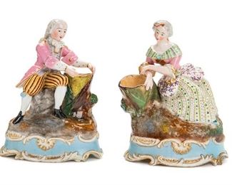 2231
A Pair Of Jacob Petit Porcelain Incense Holders
Circa 1850-1865; Paris, France
Each marked to base for Jacob Petit: JP
The pair in the shape of a seated lady and a gentleman each holding an incense/candle holder, 2 pieces
7.375" H x 5.75" W x 3" D
Estimate: $300 - $500