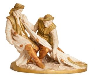 2233
A Royal Dux Figure Of Two Fisherman
Circa 1920-1992
Marked to base for Royal Dux Eichler: Royal Dux Bohemia / [Acorn]; Further marked: Made in Czechoslovakia / 203 / 15
The figural group depicting two fishermen pulling in a catch
15" H x 19" W x 9.5" D
Estimate: $400 - $600