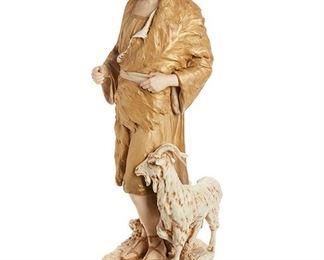 2234
A Tall Royal Dux Shepherd Figure
Fourth-quarter 19th Century
Porcelain with gilt highlights depicting a shepherd with goat and bear skin
31.5" H x 8.5" W x 9" D
Estimate: $300 - $500