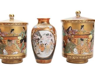 2241
Three Japanese Kutani Porcelain Items
Mid-20th Century
Each with painted identification and maker's marks to base
Comprising two lidded teacups and a small vase each with painted genre scenes and gilt patterned decoration, each teacup with painted writings to inside, 3 items
Each lidded cup: 4.25" H x 3" Dia. approximately; Vase: 3.5" H x 2" Dia.
Estimate: $400 - $600