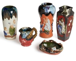 2242
Five Japanese Sumida Gawa Vases
Late 19th/early 20th Century
One vase signed for maker
Comprising three vases, a bowl, and a handled pitcher, 5 pieces
Largest: 12.25" H x 5.75" Dia.
Estimate: $300 - $500