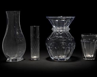 2248
Four Baccarat Clear Art Glass Vases
Fourth-quarter 20th Century
Each signed: Baccarat
In varying sizes and shapes, 4 pieces
Largest: 8.75" H x 5.5" Dia.
Estimate: $300 - $500
