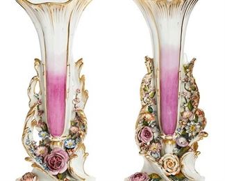 2254
A Pair Of Paris Porcelain Vases
Fourth-quarter 19th Century
Apparently unsigned
Each with fluted trumpet stem flanked by applied floral spray
Each: 14.25" H x 6.325" W x 5" D
Estimate: $300 - $500