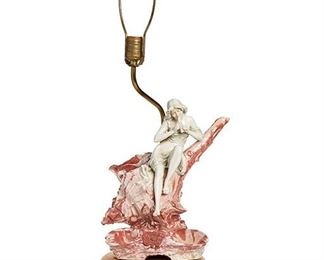 2255
A Royal Dux Art Nouveau Figural Lamp
Late 19th/early 20th Century
The seated figure of a lady with a flute on a shell and dish attached to a satin and bronze based lamp
Overall: 27.25" H x 10" W x 9.5" D; Figure: 12" H x 10" W x 8.5" D
Estimate: $300 - $500