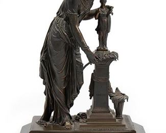 2260
A French Neoclassical Bronze Figure "Offrande A Minerve"
Fourth-quarter 19th Century
Inscribed: Offrande Minerve; Further titled to marble base
The classical female figure shown laying laurel leaves at the feet of a statue to Minerva set on a marble base
17.625" H x 12.875" W x 7" D
Estimate: $600 - $800