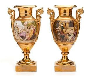 2263
A Pair Of Continental Porcelain Urns
20th Century
Each with spurious mark to base: KPM [blue scepter]
Each urn with a painted classical scene to one side, gilt decoration to the other, scrolled handles, and rolled rim, 2 pieces
Each: 15" H x 6.5" W x 4.375" D
Estimate: $1,500 - $2,500