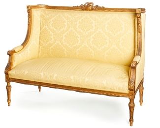 2265
A French Louis XVI-Style Settee With Yellow Damask Upholstery
Late 19th/early 20th Century
The tall rectangular back over a wide seat and twisted legs
43.75" H x 56.5" W x 26" D
Estimate: $500 - $800