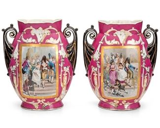 2267
A Pair Of Empire Porcelain Company Figural Vases
First-half 20th Century
Each marked to base: E.P. & C.
Each ovoid with painted cartouches of Regency courtiers enclosed in a gilt border surrounded by gilt foliate designs and floral motifs to the reverse on a mauve ground with opposing black scrolled handles with crocket details, 2 pieces
Each: 12.625" H x 10.5" W x 5.625" D
Estimate: $500 - $700