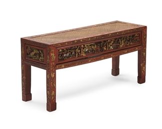 2269
A Chinese Painted And Carved Wood Bench
Late 19th/early 20th Century
The rectangular carved wood bench with red ground and gilt highlights supporting a caned seat
19.75" H x 40.5" W x 13.25" D
Estimate: $300 - $600