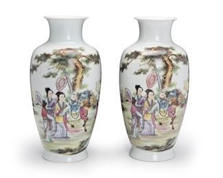 2271
A Pair Of Chinese Hand-Painted Vases
20th Century
Each with maker's mark to bottom
Each white porcelain baluster-form vase with a painted figural scene
Each approximately: 17.5" H x 5.8" Dia.
Estimate: $200 - $400