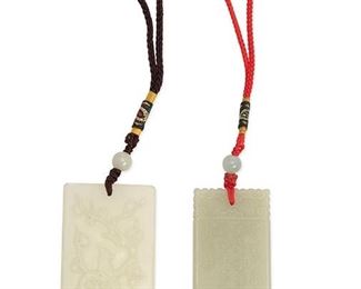 2272
Two Carved Jade Pendants
20th Century
Two rectangular carved jade pendants one with a bird and branches, one with a figural scene and characters on the reverse, 2 pieces
Larger: 2.125" H x 1.5" W x .375" D; Smaller: 2.25" H x 1.25" W x .25" D
Estimate: $400 - $600