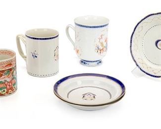 2276
A Group Of Chinese Export Items
19th Century
Comprising one mug with cobalt details and a reeded woven handle, one mug with polychrome Chinoiserie figural scenes, one mug with cobalt floral designs, relief decorations, and Chinoiserie figural cartouches, two low bowls with cobalt and gilt details and central heraldic monogram, and one plate with cobalt and gilt details and oval monogram, 6 pieces
Largest: 5.75" H x 6.25" W x 4.5" D
Estimate: $400 - $600