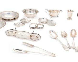 2278
A Group Of Sterling Silver Flatware Items
19th/20th Century
Various makers marks; Each marked for sterling
Comprising a variety of English and American made items variously monogrammed, comprising five serving spoons, two solid cheese scoops, one bread plate, one bowl, two bon bon bowls, one open sugar bowl, one gravy boat, two candy/nut dishes, one cordials glass, two neck-ring wine labels, two ashtrays, and one pen rest; Makers include: Reed and Barton, Gorham, Towle Silversmiths, Platt and Brother, Shreve and Co., the International Silver Co., Revere Silversmiths, and Heather-Matthews Co., 21 pieces
Largest: 9"; Smallest: 2.625" Dia.
39.745 oz. troy approximately
Estimate: $400 - $600