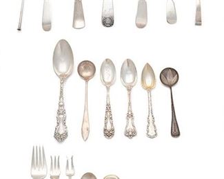 2280
A Group Of Sterling Flatware Items
19th/20th Century
Various makers marks; Most marked sterling
Comprising a variety of English and American made items variously monogrammed, comprising 1 infant spoon, 1 children's spoon, 7 teaspoons, 2 spoons, 12 iced tea spoons, 2 condiment spoons, 1 salt spoon, 1 fork, 1 pickle fork, 1 cocktail fork, 1 pusher, and 3 small ladles; Makers include: Porter Blanchard, Wolcott & Gelston, Towle Silversmiths, and the International Silver Co., 33 pieces
Largest: 7.75"; Smallest: 3.375"
23.395 gross oz. troy approximately
Estimate: $200 - $400