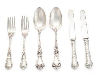 2279
A Collection Of Sterling Silver Flatware
Late 19th/early 20th Century
Each marked for sterling; Various makers
Comprising 12 hollow-handled blunt knives (8.5") and 11 individual fish forks (7") by Gorham in the "Baronial-Old" pattern designed by William C. Codman in 1898 and 6 tablespoons (8.125") by Alvin in the "Majestic" pattern designed by Frederick Habensack in 1900, 29 pieces
Weighable sterling: 27.715 oz. troy approximately
Estimate: $600 - $800