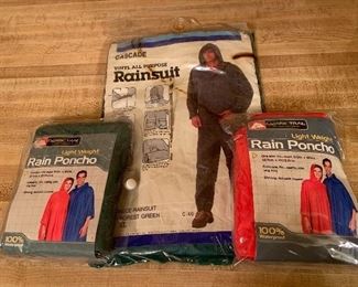Two rain ponchos and 1 all purpose rainsuit. Everything is still in packaging.