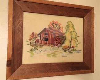 Crosstitch artwork in a real rustic homemade wood frame, 21 1/2 x 17 1/2.