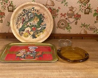 Vintage Campbell’s Soup Metal Platter, Vintage Ashtrays, and Bamboo Platter.