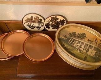 Assorted Metal Wall Hangings, 6 Copper Colored Plates, and Oval Metal Tin.