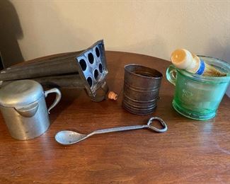 Vintage/Antique Lot of Various Unique items, includes: German Silver Covered Serving Cup, 1cup size Flour Sifter, Candle Mold, Stirring Spoon/ Bottle Opener, and Matthew’s Mug from 1922 made of Vaseline Glass.