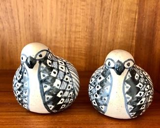 $40 Pair signed Koljander blue and white ceramic birds. Each approx 3" W, 3" H, 3.5" D.  