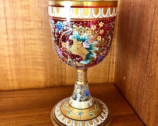 $60  Intricate hand painted wine glass.  2.25" diam, 4.75" H.  