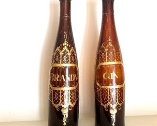  $195 Pair 1890's Brandy and Gin brown glass bottles .  Each 13.5" H, 3" diam. 