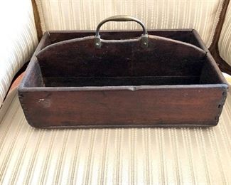 $30 - Wood vintage box with brass handle as is (crack in wood).  14" W, 9" D, 7" H. 