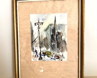 $75 Betty Guy signed watercolor  "5th Avenue New York 1950".  7" W x 9" H. "