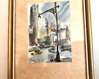 $75 Betty Guy signed watercolor " Columbus Circle N.Y 1950 ." 7" W x 9" H. 