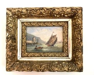 $150 Oil painting framed harbor scene  #1 (chips in frame) #1.  9" W x 8" H, 2.25" D. 