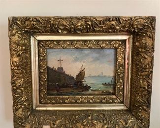 $150 Harbor scene oil painting #2.  9" W x 8" H, 2.25" D. 