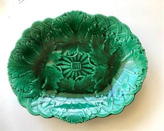 $95  Antique Majolica England  Wedgwood emerald  grape leaf platter or low bowl.  11" L, 8.5" W, 1.5" deep.