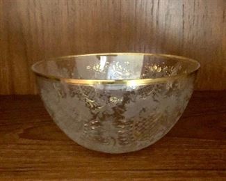 $25 Gold rimmed, etched  glass bowl.  5" diam, 2.5" H.  
