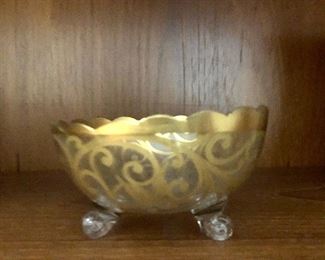 $25 Gold rimmed glass bowl swirly design.   3.5" diam, 2" H.  