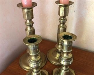 $40 Large, $20 Small Vintage brass candleholders. Large: 7" H, base 3.5" diam.  Small:  5" H, base 2.5" sq.