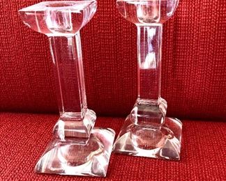 $35  Villeroy  Boch pair  column glass candlesticks.  Each 6" H, base 2.5" sq.