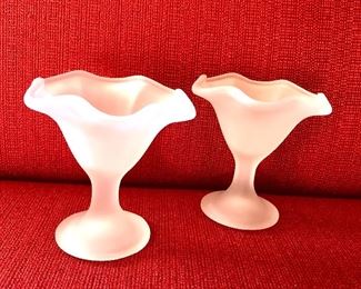 $30 - Pair white frosted glass vases.   Each 5.5" H, 5.5" diam.