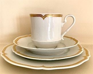 $35 Haviland Limoges Pompadour cup and saucer and 2 underplates  (5 pieces).  Teacup 2.75" diam, 3" H; saucer 5.5" diam; plates 6.5" diam and 7.5" diam. 