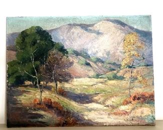 $195 L. Beane signed  mountain valley scene oil painting.  24" W x 18" H.  (Purchased from Estate of Chief Justice Berger) 
