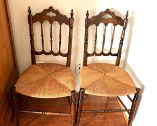 $180 - Pair vintagechairs with rush seats and detail. 16.5" W, 15" D, 33" H, seat height 17".  