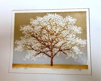 $295    Hajime Namiki  woodblock  print "Dogwood Blossom" signed and numbered. :  15.5" W x 13" H.  