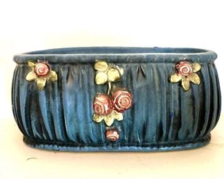 $75 Weller signed blue plantar with roses.   7.5" W, 4" D, 3.75" H.  